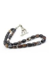 Hakiki Doğal Kapsül Kesim Çizgili Siyah Akik Tesbih 1.Kalite Doğal Taş