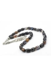 Hakiki Doğal Kapsül Kesim Çizgili Siyah Akik Tesbih 1.Kalite Doğal Taş