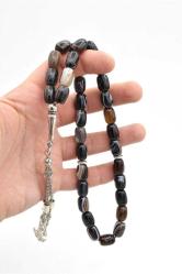 Hakiki Doğal Kapsül Kesim Çizgili Siyah Akik Tesbih 1.Kalite Doğal Taş