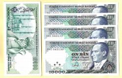 5 Adet TURKEY 10 000 (10000) Lira --- PREFIX G07---1988-95 UNC  ÇİL