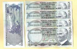 5 Adet TURKEY 5 Lira ----- PREFIX K69 -----1976 UNC ÇİL