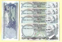 5 Adet TURKEY 5 Lira ----- PREFIX K41 -----1976 UNC ÇİL