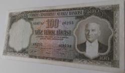 5.EMİSYON 1.TERTİP 100 TÜRK LİRASI KAĞIT PARA SERİ A4 46255 SERİ NOLU SERİNİN 2. EN NADİRİDİR NATUREL OLUP ÇOK ÇOK TEMİZDİR ÇOK NADİRDİR