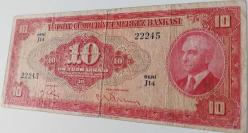 4.EMİSYON 1.TERTİP 10 ON TÜRK LİRASI SERİ J14 22245 SERİ NUMARALI KAĞIT PARA NATÜREL ÇOK TEMİZ EN NADİRİ