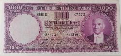 5.EMİSYON 1.TERTİP 1000 TÜRK LİRASI (MOR BİNLİK) KAĞIT PARADIR SERİ D1 07572 NOLU ÇOK ÇOK TEMİZ KONDİSYONDADIR KATALOK DEĞERİ;2000 DOLAR ÇOK ÇOK NADİR