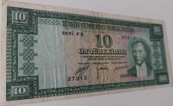 5.EMİSYON 1.TERTİP 10 TÜRK LİRASI KAĞIT PARADIR SERİ F8 27215 SERİ NOLU EN NADİRİ KONDİSYONUNDAKİ KATALOK DEĞERİ;1000 DOLAR ÇOK ÇOK NADİR