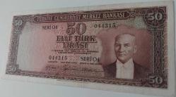 5.EMİSYON 3.TERTİP 50 TÜRK LİRASI SERİ O4 044315 SERİ NUMARALI KAĞIT PARA (GÜL KURUSU) NATÜREL ÇİLALTI-ÇOK ÇOK TEMİZ KATALOK;3.500 DOLAR EN NADİRİ