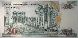 8. Emisyon 20 YTL Yeni Türk Lirası H65 626262 Çil Kondisyonda Koleksiyonluk Eski Para
