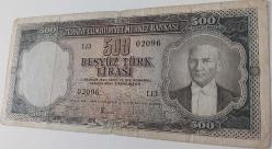 5.EMİSYON 2.TERTİP 500 TÜRK LİRASI L13 02096 SERİ NOLU NATÜREL KAĞIT PARA EN NADİR OLANI KONDİSYONUNDAKİ 2024 KATALOK DEĞERİ;1160 DOLAR ÇOK NADİR