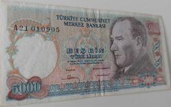 7.EMİSYON 1.TERTİP 5.000 BEŞ BİN TÜRK LİRASI A21010905 SERİ NOLU KAĞIT PARA ÇOK ÇOK TEMİZ NADİR