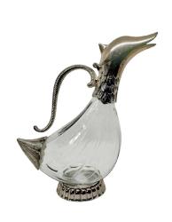 Karaf,  1950'LERDEN PİRİNÇ ÜSTÜ GÜMÜŞ KAPLAMA CAM ÖRDEK SÜRAHİ Yükseklik: 26 Cm.