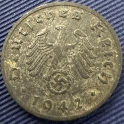 Nazi Almanyası 1 Reichspfennig 1942 F. Çinko. Gamalı Haç Detaylı.