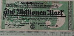 1923 ALMANYA-HAMBURG 5 MİLYON MARK ORİJİNAL KAĞIT PARASI D 686090 ÇOK NADİRDİR