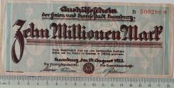 1923 ALMANYA-HAMBURG 10 MİLYON MARK ORİJİNAL KAĞIT PARASI B 500280 ÇOK NADİRDİR