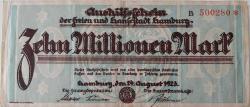 1923 ALMANYA-HAMBURG 10 MİLYON MARK ORİJİNAL KAĞIT PARASI B 500280 ÇOK NADİRDİR