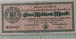 1923 ALMANYA-HAMBURG 1 MİLYON MARK ORİJİNAL KAĞIT PARASI B 422533 ÇOK NADİRDİR