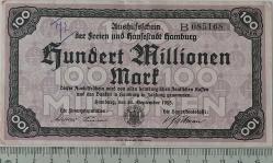 1923 ALMANYA-HAMBURG 100 MİLYON MARK ORİJİNAL KAĞIT PARASI B 085168 ÇOK NADİRDİR