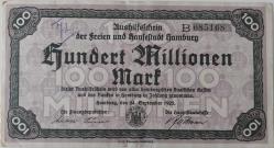 1923 ALMANYA-HAMBURG 100 MİLYON MARK ORİJİNAL KAĞIT PARASI B 085168 ÇOK NADİRDİR