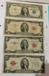 Efemera - Kağıt 1 ve  2 ABD DOLARI, 1 Dolar Mavi Mühürlü, 2 Dolarların 3 ü de Kırmızı Mühürlü. 1 Adet 2 Dolar 1928 Tarihli.2 Adet 2 Dolar  1953 Tarihli. Koleksiyonluk.  2 Dolar, koleksiyonerler için her zaman farklı bir yere sahip olmuştur. 1928 ve 1953 yılında basılan bu 2 dolarda hala koruduğu popülerliği ve görüntüsüyle koleksiyonları süslüyor... Herkes böylesine güzel bir parçaya sahip olmak ister.. Fiyat 4 Adet Fiyatıdır. - kitantik - kitaLog