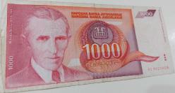 1992 YUGOSLAVYA 1000 DINARA ORİJİNAL KAĞIT PARASI AD9029408 SERİ NOLU NADİRDİR