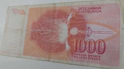 1992 YUGOSLAVYA 1000 DINARA ORİJİNAL KAĞIT PARASI AD9029408 SERİ NOLU NADİRDİR