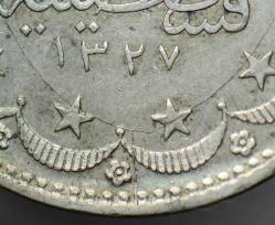 5. MEHMET REŞAT GÜMÜŞ 20 KURUŞ 1327/10 HATALI BASIM-ÇİFTE DARP ve PULDA ÇAPAK-ERRÖR. MECİDİYE. ÇİLALTI.