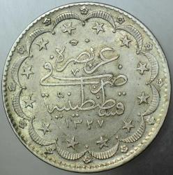 5. MEHMET REŞAT GÜMÜŞ 20 KURUŞ 1327/10 HATALI BASIM-ÇİFTE DARP ve PULDA ÇAPAK-ERRÖR. MECİDİYE. ÇİLALTI.