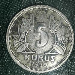 TÜRKİYE  1939   5  KURUŞ  HALİYLE