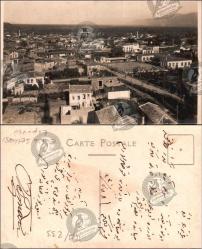 Bursa, Şehir Panoraması, Fotokart, 1930’lar: Tepeden genel görünüm, geleneksel mahalle dokusu, cami ve resmi yapılar, arka planda Uludağ; ön yüzde Osmanlıca ithaf.