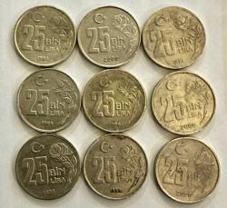 LOT.5 » 1995-1996-1998-1999-2000 tarihli TC 25 Bin Lira 9 Adet karışık madeni paralar ÇÇT/ÇT