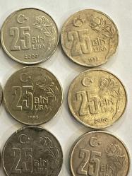 1995-1996-1998-1999-2000 tarihli TC 25 Bin Lira 9 Adet karışık madeni paralar ÇÇT/ÇT