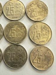 1995-1996-1998-1999-2000 tarihli TC 25 Bin Lira 9 Adet karışık madeni paralar ÇÇT/ÇT