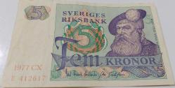 1977 İSVEÇ 5 KRONER ORİJİNAL KAĞIT PARASI E412617 SERİ NOLU ÇOK NADİRDİR