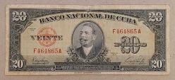 Küba Banknotu - Küba Ulusal Bankası 20 Peso 1949. Ortada Küba Bağımsızlık Kahramanı Antonio Maceo'nun Portresi; Arka Yüzünde Ulusal Arma. Amerikan Banknot Şirketi (ABNC) Tarafından Basılmış, F Serisi, Kırmızı Numaralandırma. Canlı Renkler ve Dengeli Merkezleme İle Mükemmel Sunuma Sahip Bir Banknot. (Temiz)