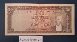 Türkiye Cumhuriyeti - 5.Emisyon / 7. Tertip - 50 Lira - SERİ: U63 075470- ÇT/VF
