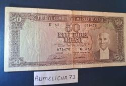 Türkiye Cumhuriyeti - 5.Emisyon / 7. Tertip - 50 Lira - SERİ: U63 075470- ÇT/VF