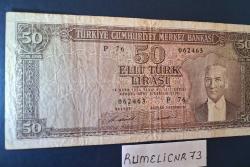 Türkiye Cumhuriyeti - 5.Emisyon / 7. Tertip - 50 Lira - SERİ: P76 062463 - ÇT/VF