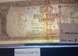 Türkiye Cumhuriyeti - 5.Emisyon / 7. Tertip - 50 Lira - SERİ: P76 062463 - ÇT/VF