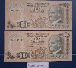 Türkiye Cumhuriyeti - 6.Emisyon/ 3. Tertip 100 TL.-SERİ NO: J24/J49  2 Adet /ÇT/VF