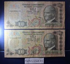 Türkiye Cumhuriyeti - 6.Emisyon/ 3. Tertip 100 TL.-SERİ NO: J24/J49  2 Adet /ÇT/VF