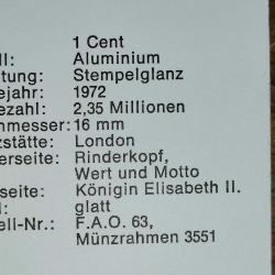 SEYŞELLER   1972   1  CENT  HATIRA FAO  SERTİFİKALI ÇİL
