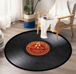 1 Adet Vinil Plak Temalı Yuvarlak Alan Matı, paspas 60cm çapında