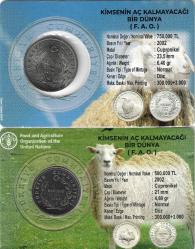 2002 F.a.o. Kimsenin Aç Kalmayacağı Bir Dünya 750-500 Bin Lira Hatıra Paraları Özel Kitlerinde Çil