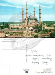 Edirne, Selimiye Camii, Kartpostal, 1970/80’ler: Dört minareli cami, geniş avlu, çevre yapıları ve yeşil alanlarla klasik Osmanlı mimarisi.