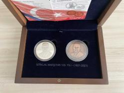 2021 - İstiklal Marşı'nın Kabulü'nün 100. Yılı Gümüş ve Bronz Hatıra Para Seti - (Darphane Ahşap Kutusunda)