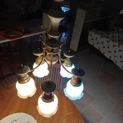 Antika Beş Kollu Porselen Avize ,Pirinç Kaideli