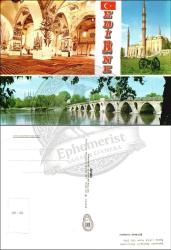 Edirne, Şehir, Kartpostal, 1970’ler: Selimiye Camii, Eski Camii iç mekânı ve Meriç Köprüsü manzaralarından oluşan üçlü kolaj, kentin simgesel yapılarıyla.