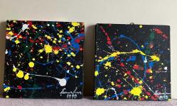 1990 TARİHLİ İMZALI 2 ADET SOYUT YAĞLIBOYA TABLO.  30 X 30 CM . BİRİNİN 1 CM'LİK YIKTIĞI VAR. FOTOĞRAFTA GÖREBİLİRSİNİZ, AMA ASARKEN SIRITMIYOR. ONUN DIŞINDA ÇOK TEMİZ TABLOLAR.