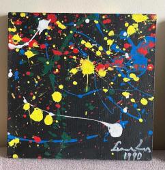 1990 TARİHLİ İMZALI TUVAL ÜZERİNE SOYUT YAĞLIBOYA TABLO.  30 X 30 CM .