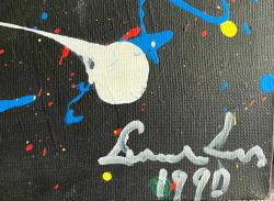 1990 TARİHLİ İMZALI TUVAL ÜZERİNE SOYUT YAĞLIBOYA TABLO.  30 X 30 CM .